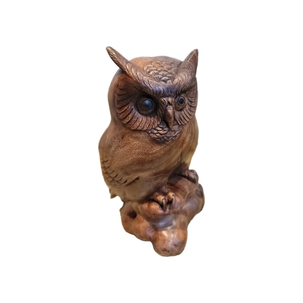 Wayan Rendah Signed Hand Carved Wood Owl Sculpture Figure 8" Bali Art